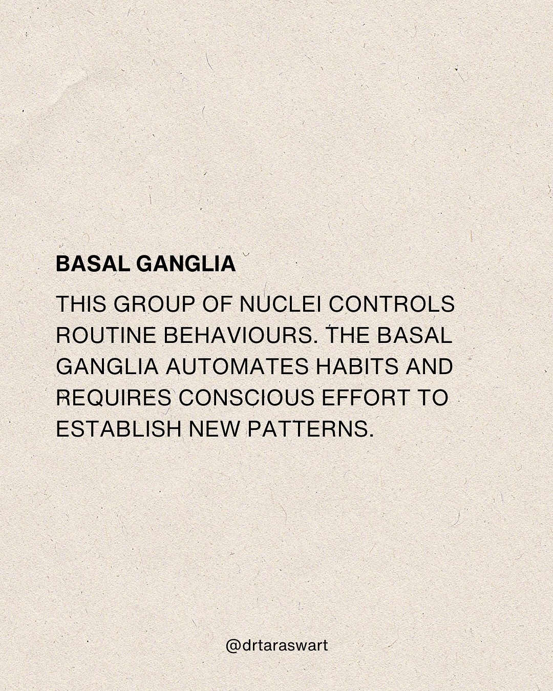 BASAL GANGLIA — THIS GROUP OF NUCLEI CONTROLS ROUTINE BEHAVIOURS. THE
BASAL GANGLIA AUTOMATES HABITS AND REQUIRES CONSCIOUS EFFORT TO ESTABLISH NEW
PATTERNS. @drtaraswart