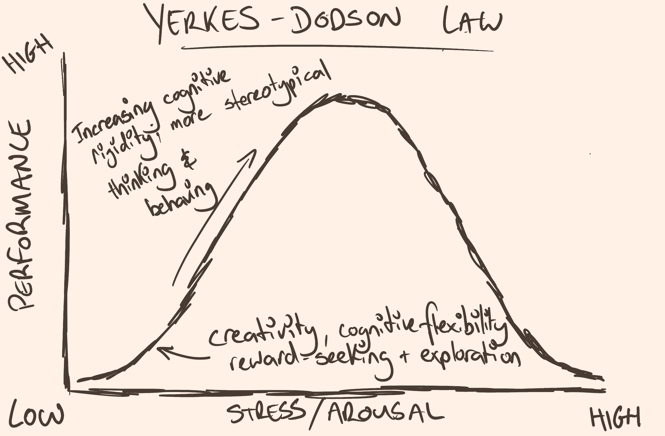 Image of arousal curve: a bell curve that illustrates that stress goes up with performance, then down again.