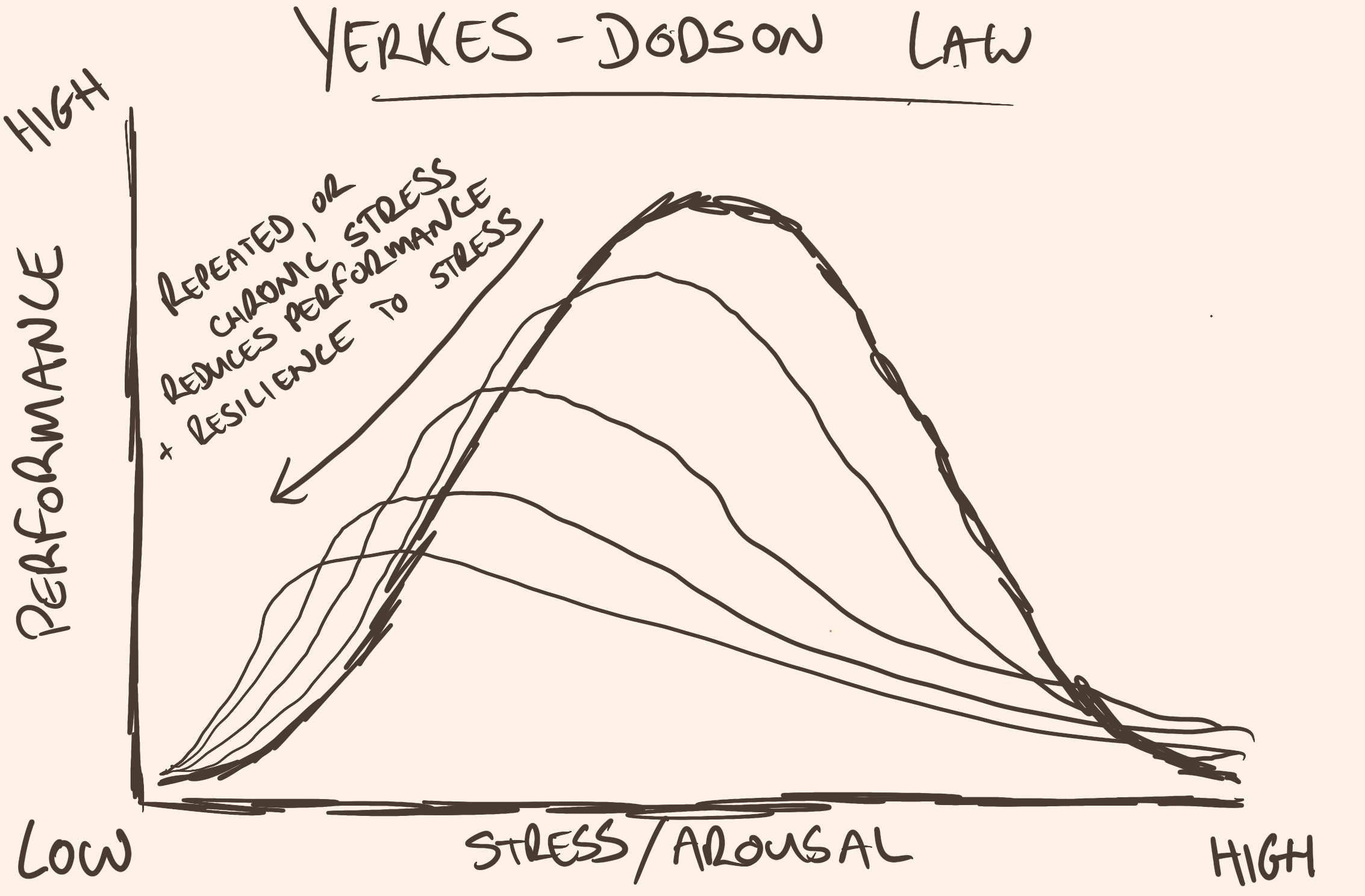 Image of arousal curves, which are shrinking and moving to the bottom left, lengthening the right tail of bad stress over time